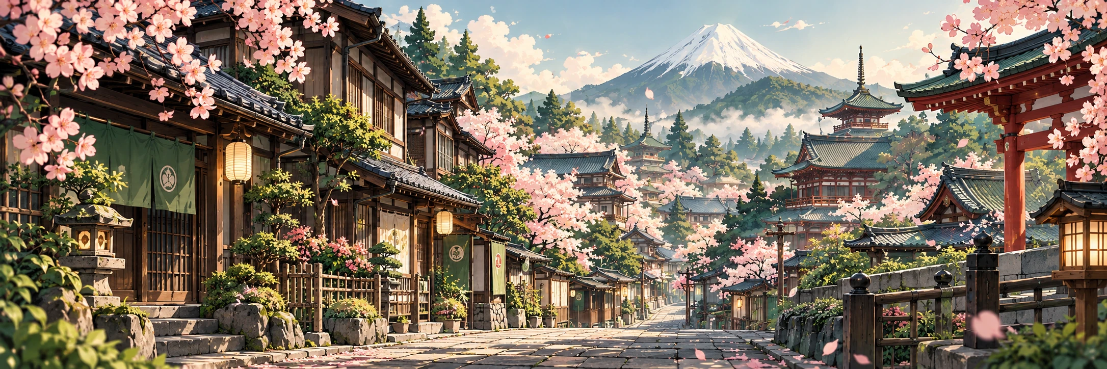 Jalan kota tradisional Jepang yang tenang di musim sakura